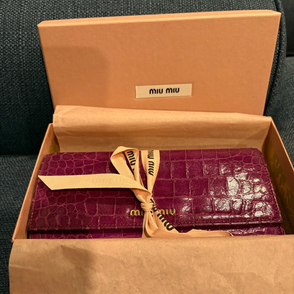 Miu Miu Croc Embossed Leather Long Wallet Purple Italy